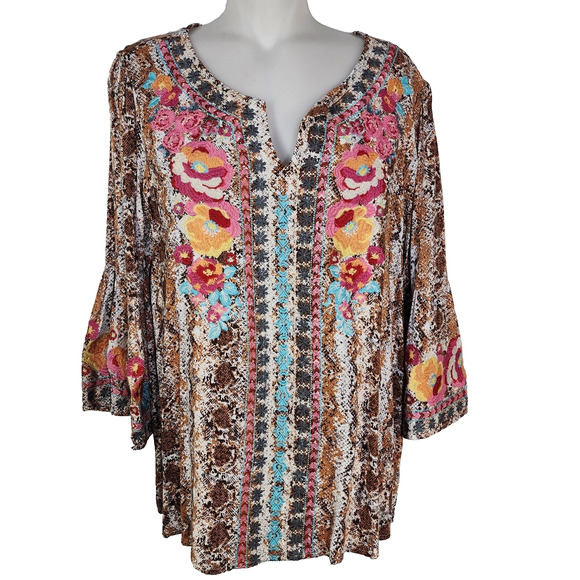 Savanna Jane Top Small Embroidered Floral Snake Skin 3/4 Bell Sleeve Boho V Neck - Picture 1 of 8